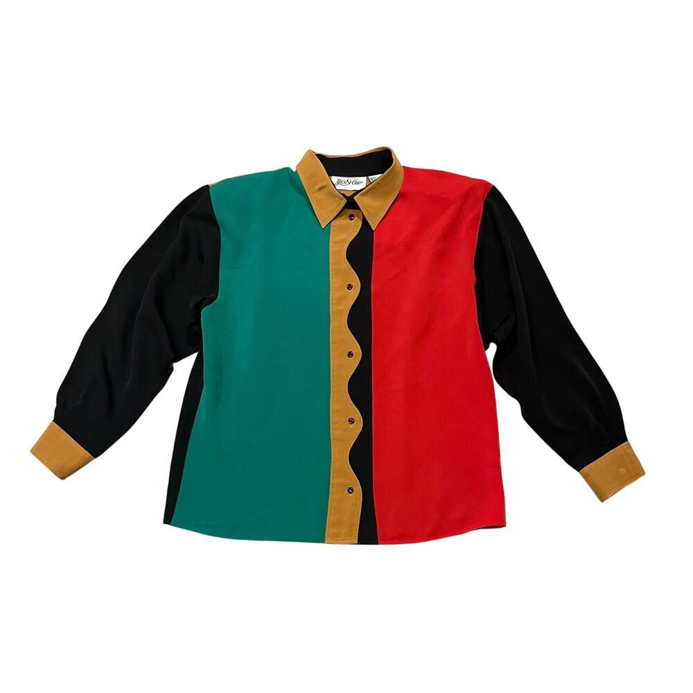 Vintage 90s Yves St Clair Colorblock Blouse Scalloped Placket Shirt Size 14 Flaw